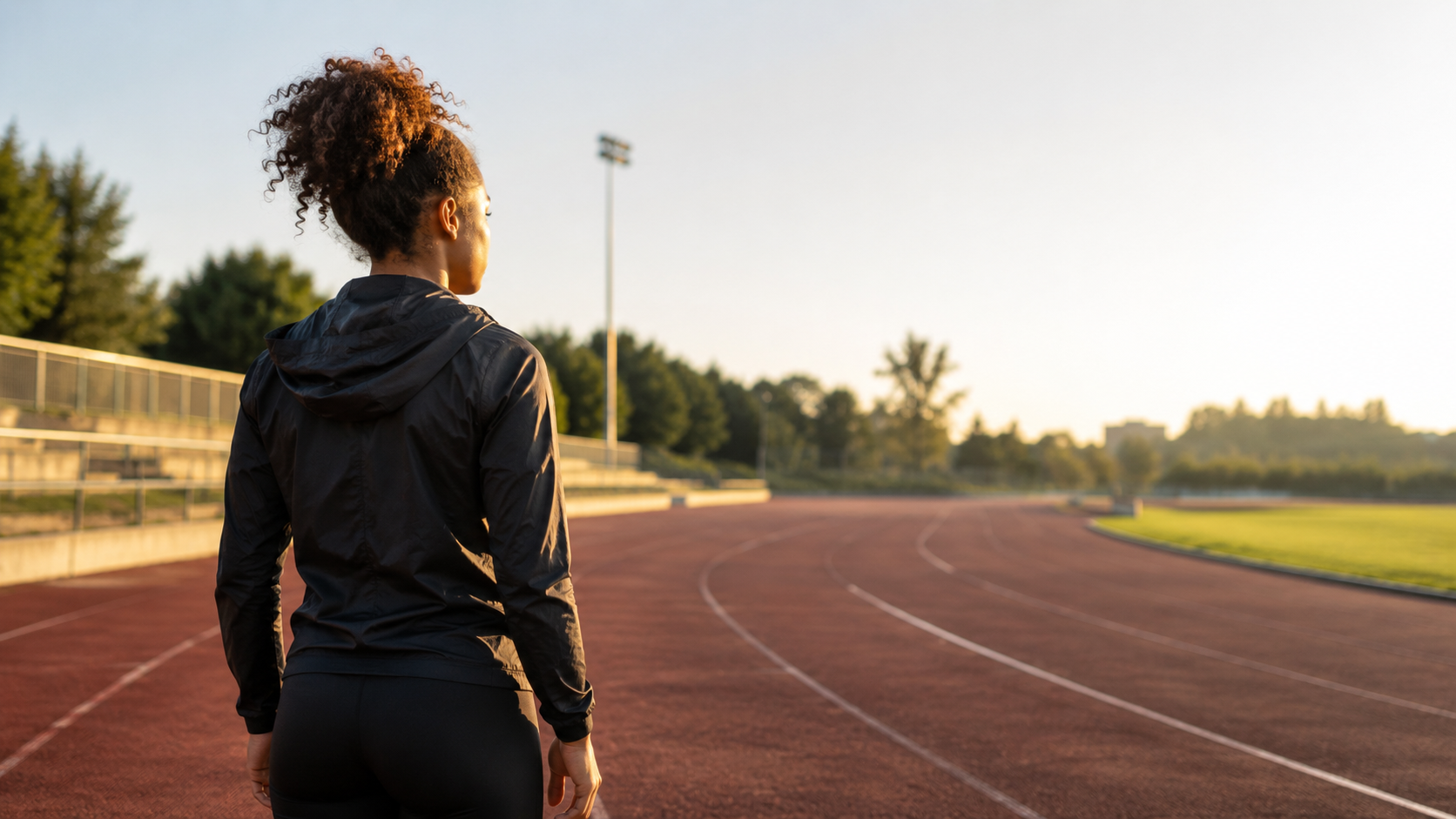 Jeune sportive sur une piste d'athlétisme, prête à s'entraîner
