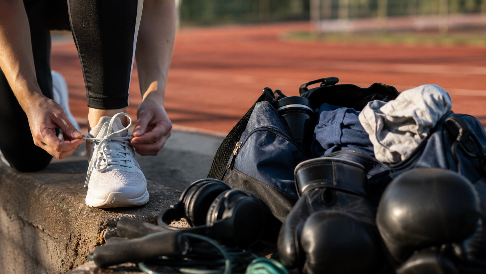 Préparation du matériel avant une séance de sport : chaussures, sac et équipement